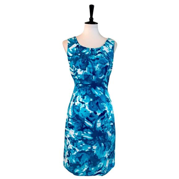 Calvin Klein Linen Sheath Dress Teal White Abstract Print Women's Size 6 - Picture 1 of 11